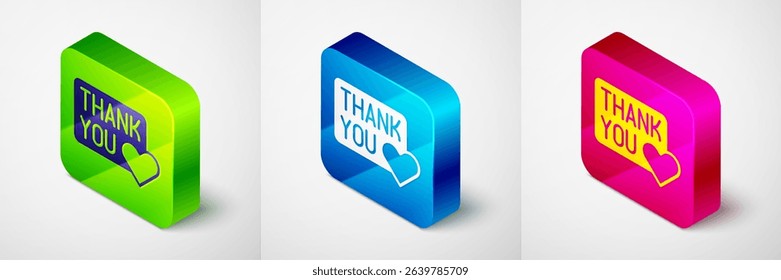 Isometric Thank you with heart icon isolated on grey background. Handwritten lettering. Square button. Vector