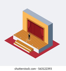 Isometric Theater Stage ..man Speaking Behind Microphone 

