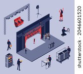isometric theatre backstage crew vector illustration flat design