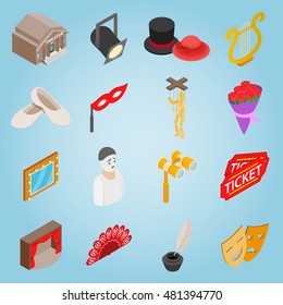 Isometric theatre icons set. Universal theatre icons to use for web and mobile UI, set of basic theatre elements vector illustration