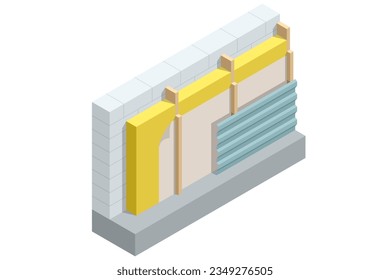 Isometrische Wand aus thermischer Isolation. Wohnungen Energieeffizienz. Verbessern Sie die Energieeffizienz Ihres Hauses, sparen Sie Energiekosten, investieren Sie in die Erhaltung des Wertes und des Wohnkomforts Ihres Hauses