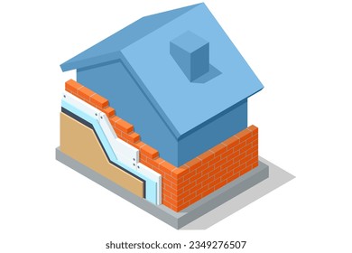 Isometrische Wand aus thermischer Isolation. Wohnungen Energieeffizienz. Verbessern Sie die Energieeffizienz Ihres Hauses, sparen Sie Energiekosten, investieren Sie in die Erhaltung des Wertes und des Wohnkomforts Ihres Hauses