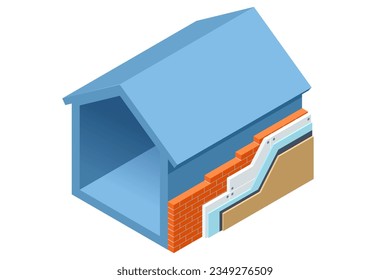 Isometrische Wand aus thermischer Isolation. Wohnungen Energieeffizienz. Verbessern Sie die Energieeffizienz Ihres Hauses, sparen Sie Energiekosten, investieren Sie in die Erhaltung des Wertes und des Wohnkomforts Ihres Hauses