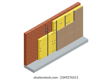 Isometrische Wand aus thermischer Isolation. Wohnungen Energieeffizienz. Verbessern Sie die Energieeffizienz Ihres Hauses, sparen Sie Energiekosten, investieren Sie in die Erhaltung des Wertes und des Wohnkomforts Ihres Hauses