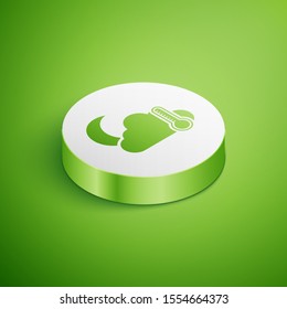 Isometric Thermometer and cloud with moon icon isolated on green background. White circle button. Vector Illustration