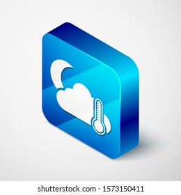 Isometric Thermometer and cloud with moon icon isolated on white background. Blue square button. Vector Illustration