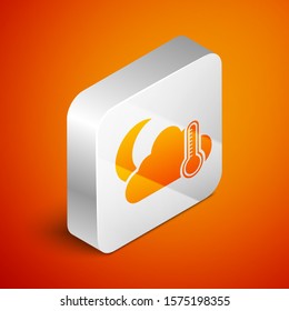 Isometric Thermometer and cloud with moon icon isolated on orange background. Silver square button. Vector Illustration