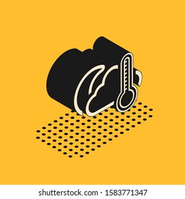 Isometric Thermometer and cloud with moon icon isolated on yellow background.  Vector Illustration