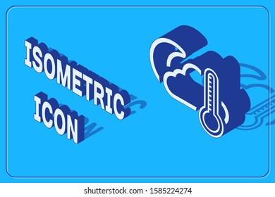 Isometric Thermometer and cloud with moon icon isolated on blue background.  Vector Illustration