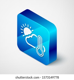 Isometric Thermometer and cloud with sun icon isolated on white background. Blue square button. Vector Illustration