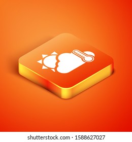 Isometric Thermometer and cloud with sun icon isolated on orange background.  Vector Illustration