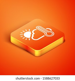 Isometric Thermometer and cloud with sun icon isolated on orange background.  Vector Illustration