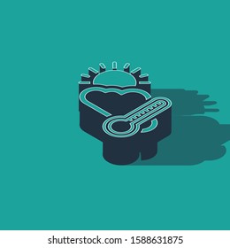 Isometric Thermometer and cloud with sun icon isolated on green background.  Vector Illustration