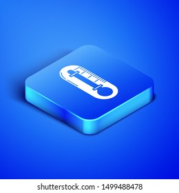 Isometric Thermometer icon isolated on blue background. Blue square button. Vector Illustration