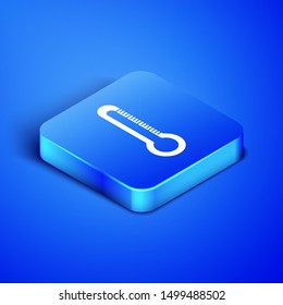 Isometric Thermometer icon isolated on blue background. Blue square button. Vector Illustration