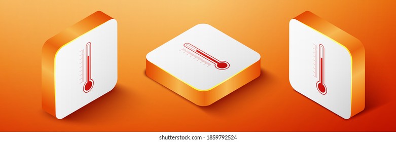 Icono termómetro isométrico aislado en el fondo naranja. Botón cuadrado naranja. Vector.