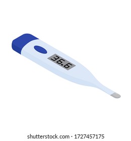 Isometric thermometer showing temperature 36.6. Celsius electronic digital medical thermometer for temperature measuring isolated on white