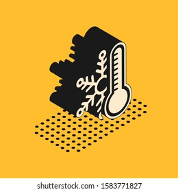 Isometric Thermometer with snowflake icon isolated on yellow background.  Vector Illustration