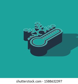 Isometric Thermometer with snowflake icon isolated on green background.  Vector Illustration