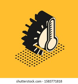Isometric Thermometer with sun icon isolated on yellow background.  Vector Illustration