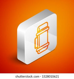 Isometric Thermos container icon isolated on orange background. Thermo flask icon. Camping and hiking equipment. Silver square button. Vector Illustration