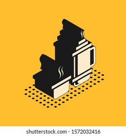 Isometric Thermos container icon isolated on yellow background. Thermo flask icon. Camping and hiking equipment.  Vector Illustration