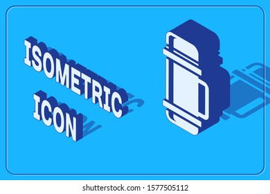 Isometric Thermos container icon isolated on blue background. Thermo flask icon. Camping and hiking equipment.  Vector Illustration
