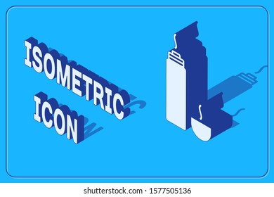 Isometric Thermos container icon isolated on blue background. Thermo flask icon. Camping and hiking equipment.  Vector Illustration