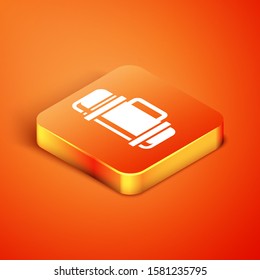 Isometric Thermos container icon isolated on orange background. Thermo flask icon. Camping and hiking equipment.  Vector Illustration