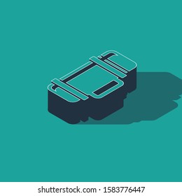 Isometric Thermos container icon isolated on green background. Thermo flask icon. Camping and hiking equipment.  Vector Illustration