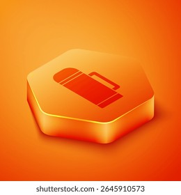 Isometric Thermos container icon isolated on orange background. Thermo flask icon. Camping and hiking equipment. Orange hexagon button. Vector Illustration