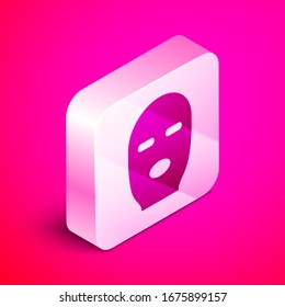 Isometric Thief mask icon isolated on pink background. Bandit mask, criminal man. Silver square button. Vector Illustration
