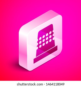 Isometric Thimble for sewing icon isolated on pink background. Silver square button. Vector Illustration