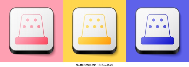 Mímica isométrica para el icono de coser aislado en fondo rosa, amarillo y azul. Botón cuadrado. Vector