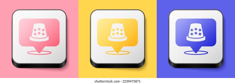 Isometric Thimble for sewing icon isolated on pink, yellow and blue background. Square button. Vector