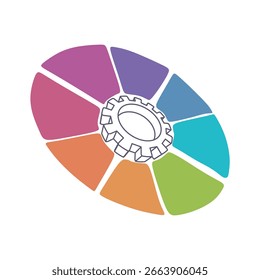 Modelo isométrico de estilo de línea delgada de engranaje. Concepto de ocho características u opción de proyecto a seleccionar. Ilustración infográfica mínima para visualización de información de negocios, tecnología e industria.