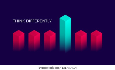 Isometric think differently design, Geometric blocks on dark violet background, vector illustration