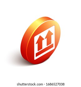 Isométrico Icono de este lado aislado en fondo blanco. Dos flechas que indican la parte superior del embalaje. Carga manipulada. Botón de círculo naranja. Ilustración vectorial