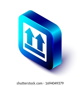 Isometric This side up icon isolated on white background. Two arrows indicating top side of packaging. Cargo handled. Blue square button. Vector Illustration
