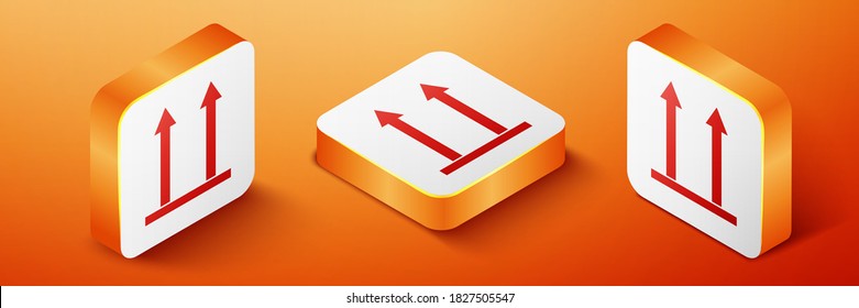 Isometric This side up icon isolated on orange background. Two arrows indicating top side of packaging. Cargo handled so these arrows always point up. Orange square button. Vector.