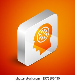 Isometric Thoughts on a basketball icon isolated on orange background. Silver square button. Vector Illustration