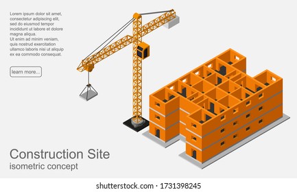 Isometric three floors building construction in process with industrial crane flat vector icon isolated on white background.
