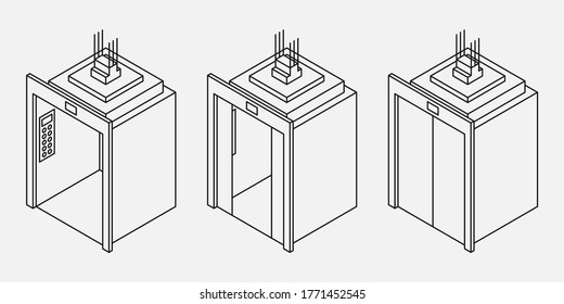 Isometric three line elevators with with closed, opened and half closed doors black and white vector illustration.