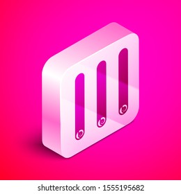 Isometric Three rolled sticks of cinnamon icon isolated on pink background. Aromatic spice. Condiment for dishes. Cooking theme. Silver square button. Vector Illustration