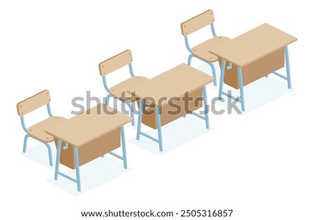 Isometric three school desk tables and chairs. Vector illustration. Objects isolated on white background. Classroom.