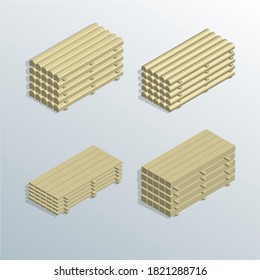 isometric three-dimensional illustration of wooden pine logging, materials for the construction of country houses, carpentry, cubic meters of rounded logs, profiled logs, planks, ordinary timber