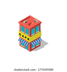 Isometric three-storey building with a facade. Vector graphics, isometric. House with cafe logo
