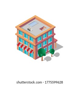 Isometric three-storey building with a facade. Vector graphics, isometry
