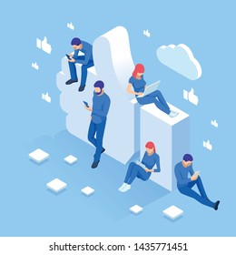 Isometric thumbs up like social network concept. Blogging, online messaging, social networking services. Young people using mobile gadgets such as laptop, tablet pc, smartphone for social networking