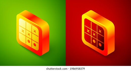 Isometrisches Tic-Zehenspiel Symbol einzeln auf grünem und rotem Hintergrund. Knopf Quadrat. Vektorgrafik